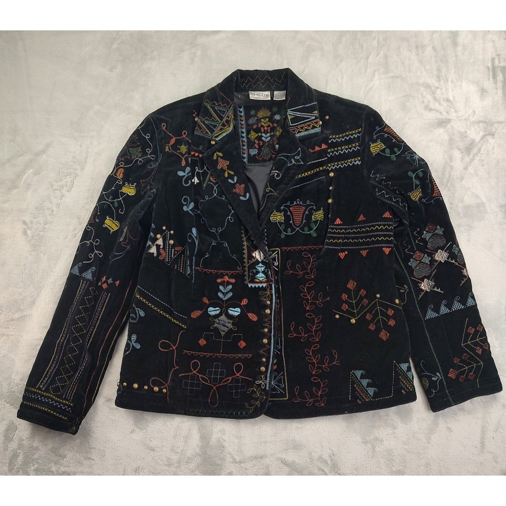 Chicos Black Velvet Embroidered Jacket Size‎ 0 Blazer Boho Festival Ornate
